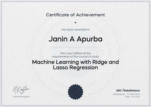 Certificate: Machine Learning with Ridge and Lasso Regression — 365 Data Science
