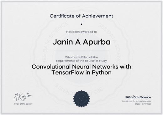 Certificate: Convolutional Neural Networks with TensorFlow in Python — 365 Data Science