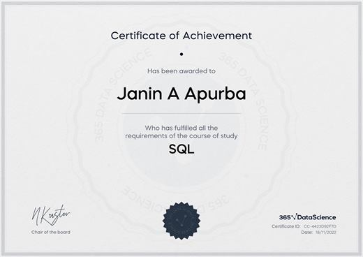Certificate: SQL — 365 Data Science