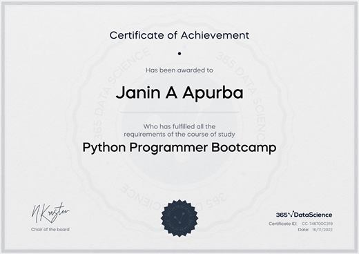 Certificate: Python Programmer Bootcamp — 365 Data Science