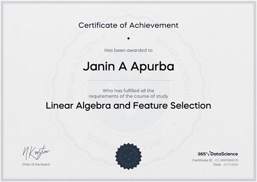 Certificate: Linear Algebra and Feature Selection — 365 Data Science