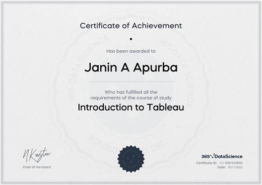 Certificate: Introduction to Tableau — 365 Data Science