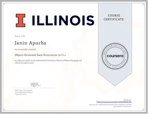 Certificate: Object-Oriented Data Structures in C++ — University of Illinois Urbana-Champaign (Coursera)