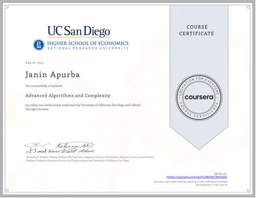 Certificate: Advanced Algorithms and Complexity — University of California San Diego (Coursera)