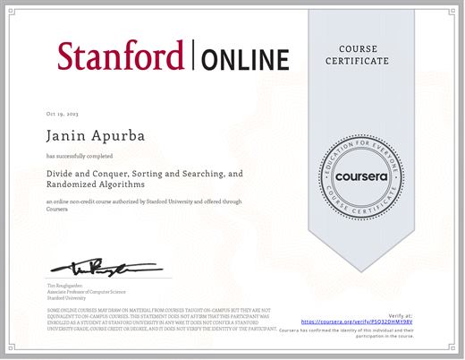 Certificate: Divide and Conquer, Sorting and Searching, and Randomized Algorithms — Stanford University (Coursera)
