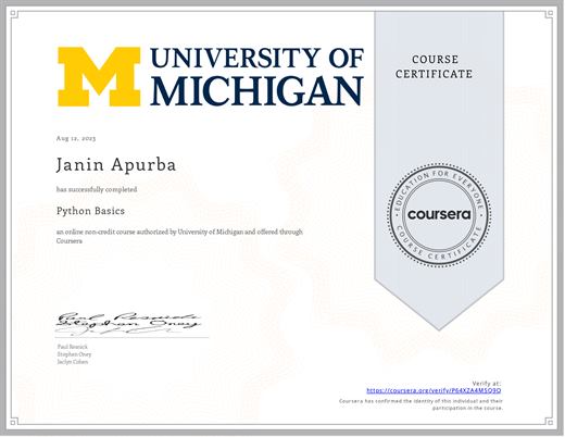 Certificate: Python Basics — University of Michigan (Coursera)