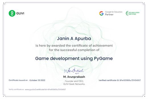 Certificate: Game Development using PyGame — GUVI Geek Networks