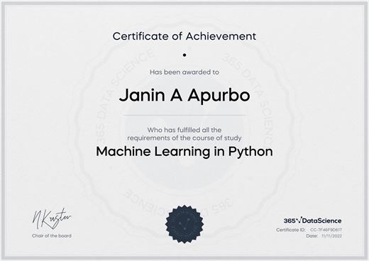 Certificate: Machine Learning in Python — 365 Data Science