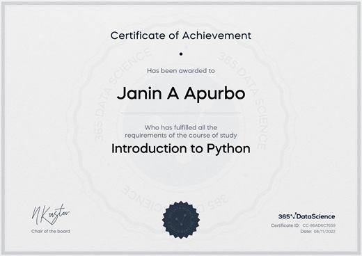 Certificate: Introduction to Python — 365 Data Science