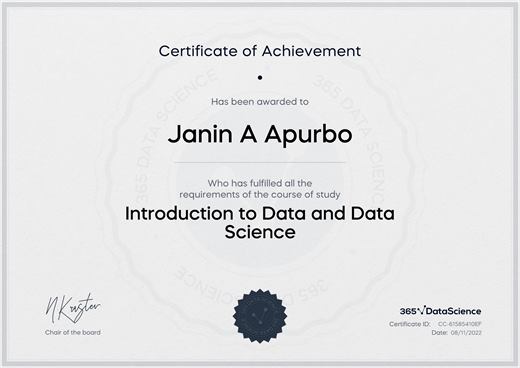 Certificate: Introduction to Data and Data Science — 365 Data Science