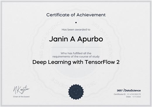 Certificate: Deep Learning with TensorFlow 2 — 365 Data Science